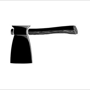 May include: A black and white illustration of a traditional axe with a wooden handle.