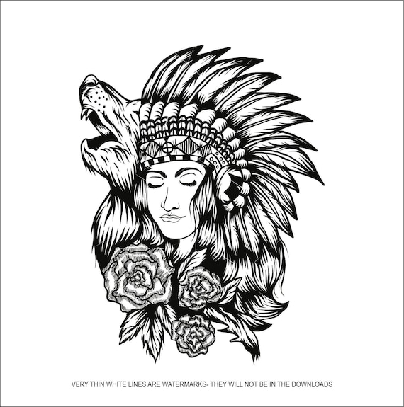 Indian Woman Headdress Lady Tribe Roses 