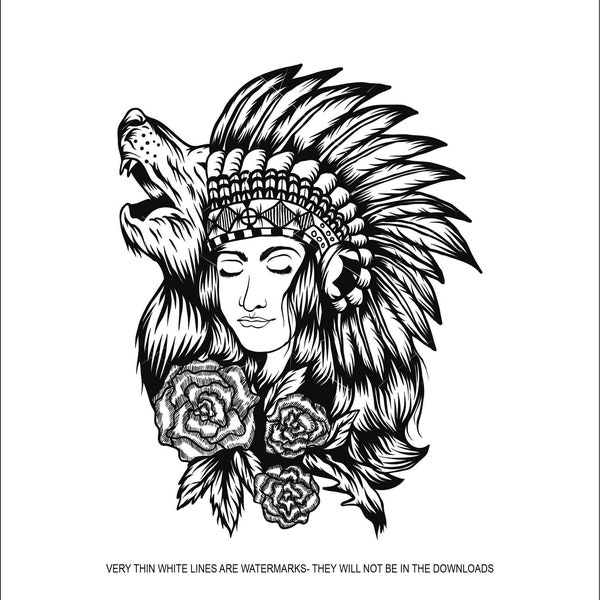 Indian Woman Headdress Lady Tribe Roses Wolf Feather Native American Culture Female Cut Sign Image ClipArt digital download EPS PNG SVG Jpeg