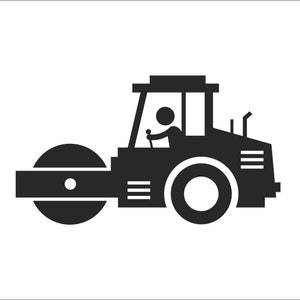 May include: Black and white silhouette of a road roller with a person inside the cab. The road roller has a large front roller and a smaller rear roller.