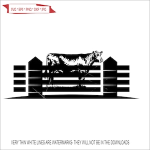 May include: Black and white silhouette of a cow standing in a fenced pasture. The cow is facing right and the fence is made of horizontal rails.