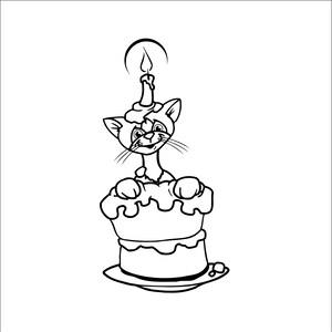 Kot Tort Topper Zapalona Świeca Zabawna Kreskówka Rocznica Urodziny Impreza Wydarzenie * Wytnij Znak Obraz ClipArt cyfrowe pobieranie eps/dxf/png/jpeg/svg