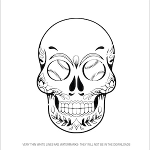 May include: Black and white illustration of a sugar skull with baseballs for eyes. The skull is decorated with floral patterns.