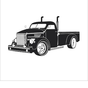 Könnte beinhalten: Schwarz-weiße Silhouette eines Vintage-Pickup-Trucks mit einer Ladefläche.