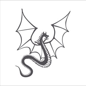 May include: A black and white line drawing of a dragon with wings spread wide. The dragon is facing to the right and has a long, serpentine body.
