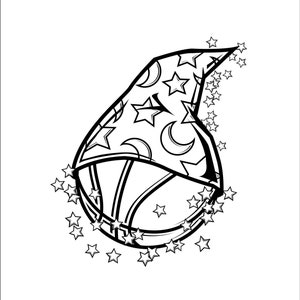 Op de afbeelding: Een zwart-witte illustratie van een basketbal met een tovenaarshoed erop. De hoed is versierd met sterren en halve manen. Sterren zijn rond de basketbal verspreid.