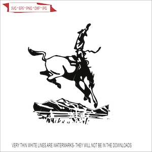 Puede incluir: Silueta en blanco y negro de un vaquero montando un caballo salvaje. El vaquero lleva un sombrero y tiene los brazos levantados. El caballo salta por encima de una valla.