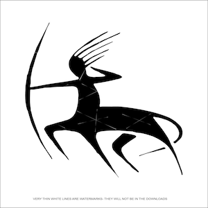 May include: Black and white silhouette of a centaur with a bow and arrow. The centaur is facing right and has a long, flowing mane. The bow is drawn back and the arrow is pointed forward.
