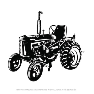 以下が含まれることがあります： 大きな車輪が付いたビンテージトラクターの白黒イラスト。トラクターは排気管が1本と大きなステアリングホイールがあります。