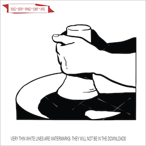 May include: A black and white illustration of a person's hands shaping a lump of clay on a pottery wheel.