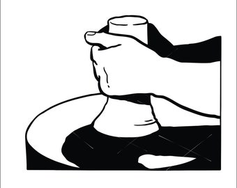 Könnte beinhalten: Eine Schwarzweißillustration von Händen, die einen Klumpen Ton auf einer Töpferscheibe formen.
