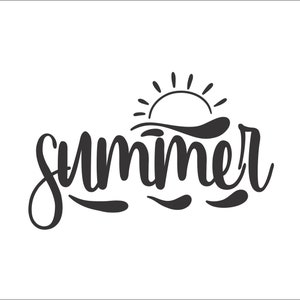 Könnte beinhalten: Schwarz-weiß-Illustration des Wortes "Sommer" mit einer stilisierten Sonne und Wellen.