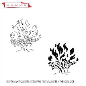 May include: Black and white line art illustration of a tree with flames for leaves. The tree is stylized and has a thick trunk and branches. The flames are stylized and have a pointed shape.