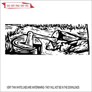 May include: Black and white woodcut illustration of a person using a mortar and pestle.