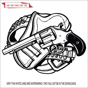 May include: Black and white line art illustration of a revolver with a holster and bullets. The gun is drawn and the holster is open.