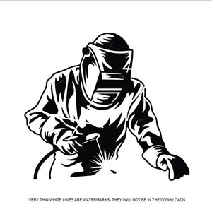 Peut inclure: Illustration en noir et blanc d'un soudeur portant un casque et des gants de protection, en train de souder avec une étincelle vive. Conception graphique.