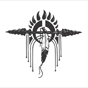 May include: Black and white illustration of a Native American headdress with a feather and two spear points.