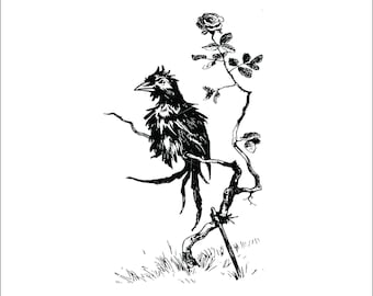 May include: Black and white illustration of a crow perched on a branch with a single rose at the top.