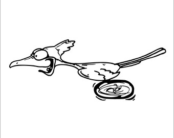 Puede incluir: Una ilustración de dibujos animados en blanco y negro de un correcaminos con la boca abierta, volando con las patas extendidas. El pájaro vuela sobre un objeto circular.
