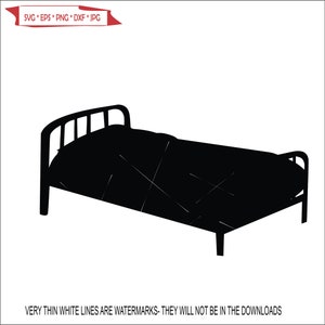 May include: Black silhouette of a single bed with a metal frame.