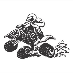 May include: Black and white illustration of a person riding a quad bike through a splash of water.