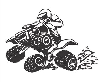 May include: Black and white illustration of a person riding an ATV through a splash of water.