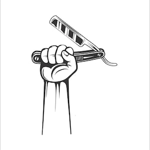 以下が含まれることがあります： 手の中にストレートエッジの剃刀を持った白黒のイラスト