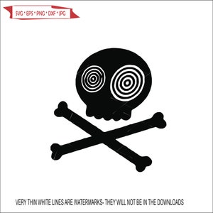 Puede incluir: Gráfico de calavera y huesos cruzados en negro con ojos en espiral. El diseño es una imagen vectorial, con los tipos de archivo SVG, EPS, PNG, DXF y JPG enumerados. El texto "VERY THIN WHITE LINES ARE WATERMARKS- THEY WILL NOT BE IN THE DOWNLOADS" está en la parte inferior.