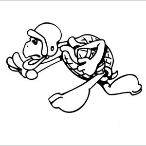 以下が含まれることがあります： ヘルメットをかぶってフットボールを持っているカメの白黒の漫画のイラスト。走っている。