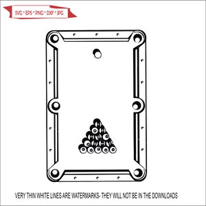 May include: A black and white illustration of a pool table with a triangle of billiard balls in the center.