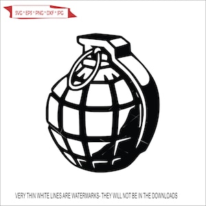 May include: Black and white illustration of a grenade with a pin.