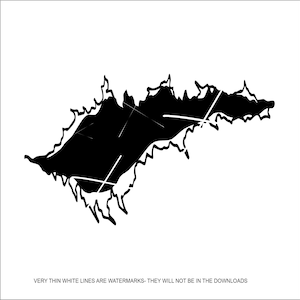 May include: Black and white abstract illustration of a jagged, torn shape. The shape resembles a ripped piece of paper or fabric.