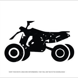 May include: Black silhouette of an ATV, a four-wheeled off-road vehicle, with a single seat and handlebars.