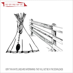 May include: Black and white line art illustration of a teepee and a wooden fence. The teepee is on the left side of the image and the fence is on the right side of the image.