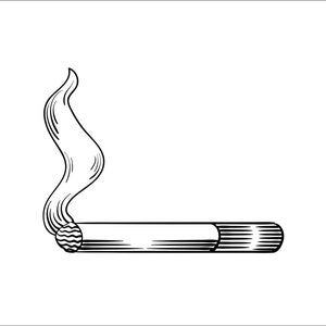 May include: A black and white line drawing of a cigarette with smoke rising from it.