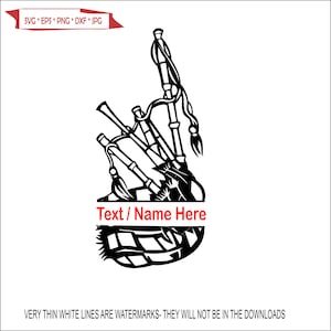 Könnte beinhalten: Schwarze und weiße Silhouette einer Dudelsackpfeife mit dem Text "Text / Name Here" in einem Banner darunter.