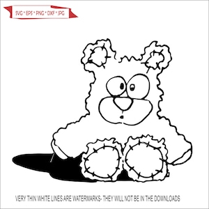 May include: A black and white line drawing of a cartoon teddy bear with large eyes and a stitched-on nose. The bear is sitting with its legs crossed and has a shadow beneath it.