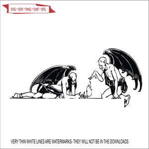 Pode incluir: Ilustração em preto e branco de dois demónios alados, um ajoelhado e o outro deitado, com uma chama entre eles.