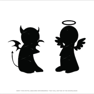 Puede incluir: Silueta en blanco y negro de un ángel y un demonio, ambos de espaldas el uno al otro. El ángel tiene un halo y alas, mientras que el demonio tiene cuernos y una cola.