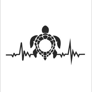 May include: Black silhouette of a sea turtle with a heartbeat line below it. The turtle's shell is detailed with a circle in the center.