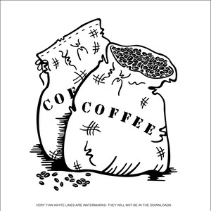 Puede incluir: Dos dibujos en blanco y negro de sacos de arpillera llenos de granos de café. Los sacos están etiquetados con "COFFEE".