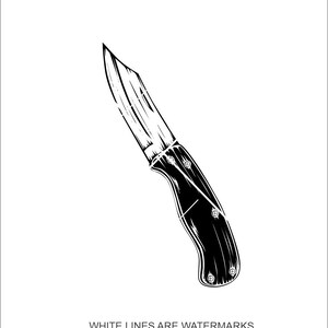 Puede incluir: Ilustración en blanco y negro de un cuchillo con mango curvo y hoja afilada. El mango es negro con remaches plateados. La hoja es clara con líneas oscuras. El cuchillo está en ángulo diagonal sobre un fondo blanco.