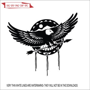 May include: Black and white silhouette of an eagle with outstretched wings holding a spear. The eagle is perched on a shield with a Native American design.