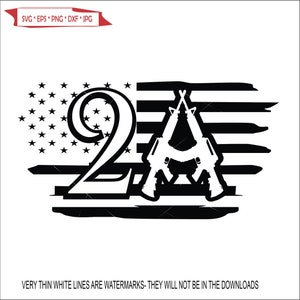 May include: Black and white graphic design featuring the number 2A with crossed rifles and an American flag background.