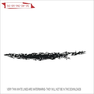 May include: Black and white graphic design of a jagged, broken line. The line is thick and has a rough, textured appearance.