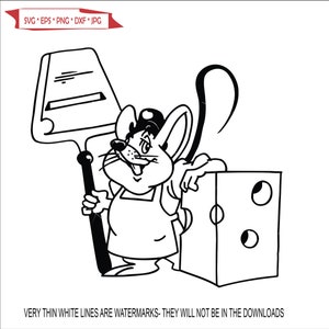 May include: A black and white cartoon illustration of a mouse holding a pizza cutter and standing next to a block of cheese. The mouse is wearing a chef's hat and apron.