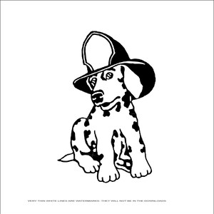 May include: Black and white illustration of a Dalmatian dog wearing a firefighter's helmet.