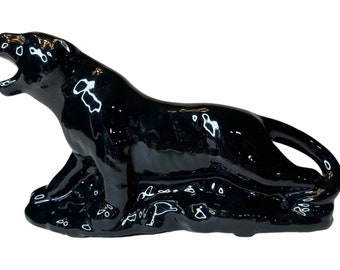 Cache-pot tigre/chat en poterie noire vintage