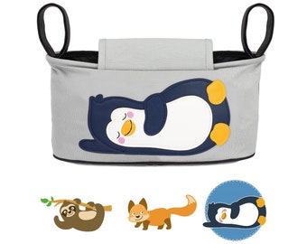 Kinderwagen Organizer - Pinguin (Grau) I 6 Motive zur Auswahl I Kinderwagentasche I Kinder Buggy Tasche Feuchttücherfach I Baby Stroller Bag