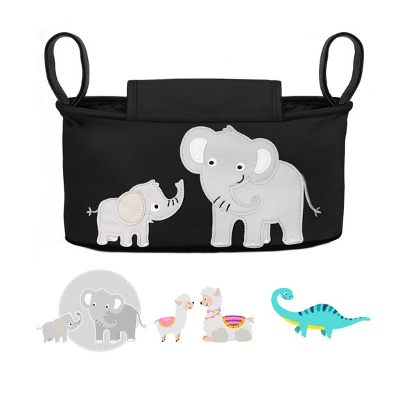 Kinderwagen Organizer - Elefant (schwarz) I 6 Motive zur Auswahl I Kinderwagentasche I Kinder Buggy Tasche Baby Zubehör I Baby Stroller Bag